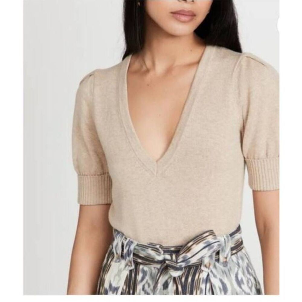 Ba&sh Sweater Womens Medium Mathis Short Sleeve Wool Beige‎ Luxury Careerwear